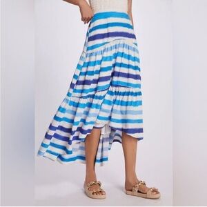 Anthropologie Maeve A-Line Blue White Striped High Low Tiered Midi Skirt Small
